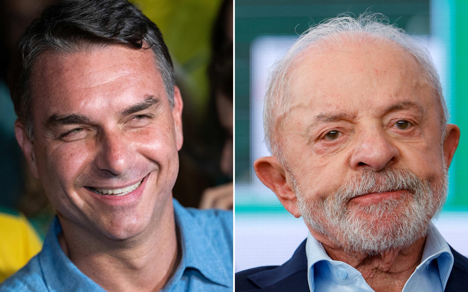 Flávio Bolsonaro sonriendo, de ganador, y Lula da Silva con la cara cerrada, en una foto partida