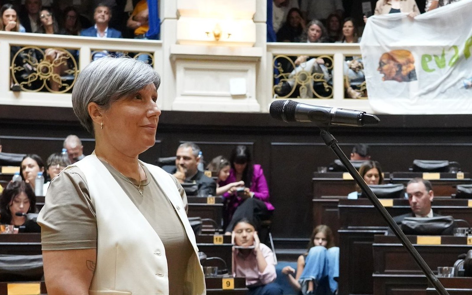 Romina Barreiro, de pelo corto canoso y chaleco claro, junto al micrófono en el recinto de Diputados