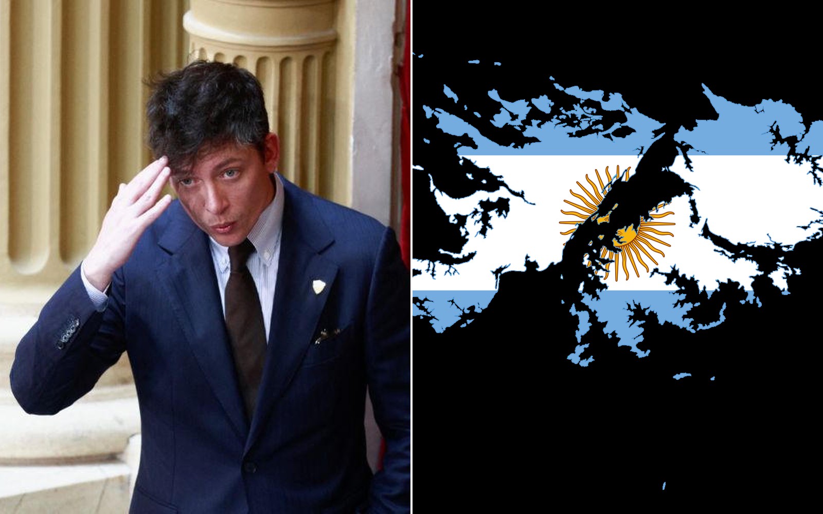Santiago Caputo de un lado y el mapa de las Malvinas del otro