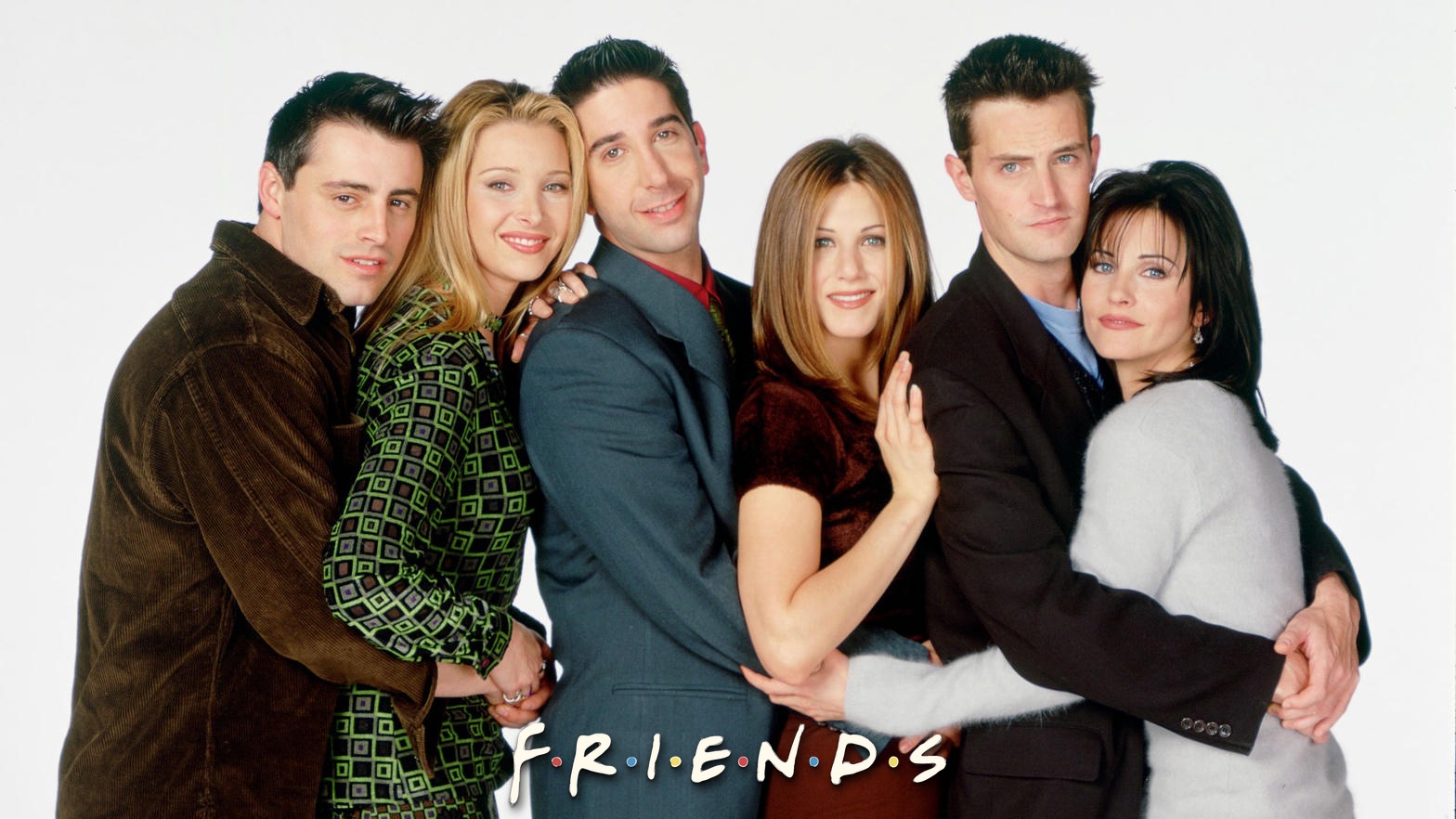 El elenco original de Friends: Joey, Phoebe, Ross, Rachel, Chandler y Monica, con el logo de la serie al pie