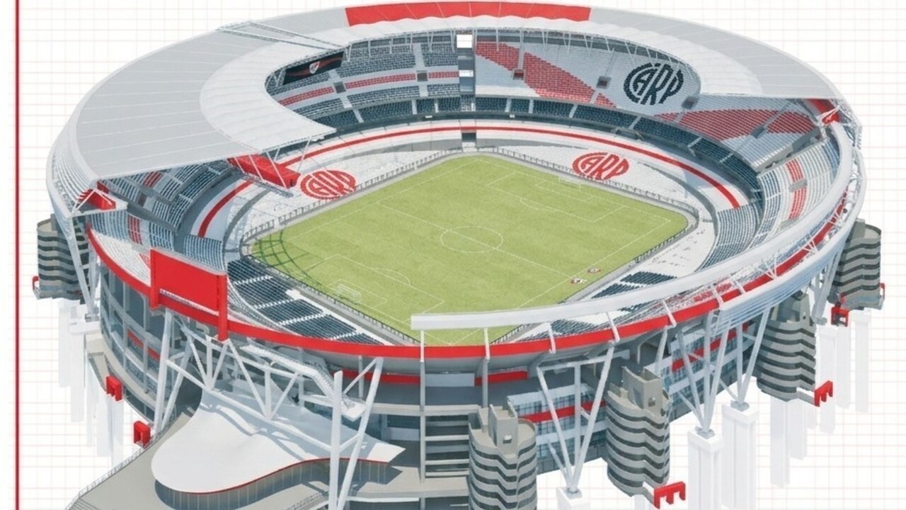 El render que difundió el club con SBP. Techo hasta el límite del campo, quinta bandeja y las columnas en V por fuera. En las láminas la fecha es 2029. No es una foto: es el proyecto.