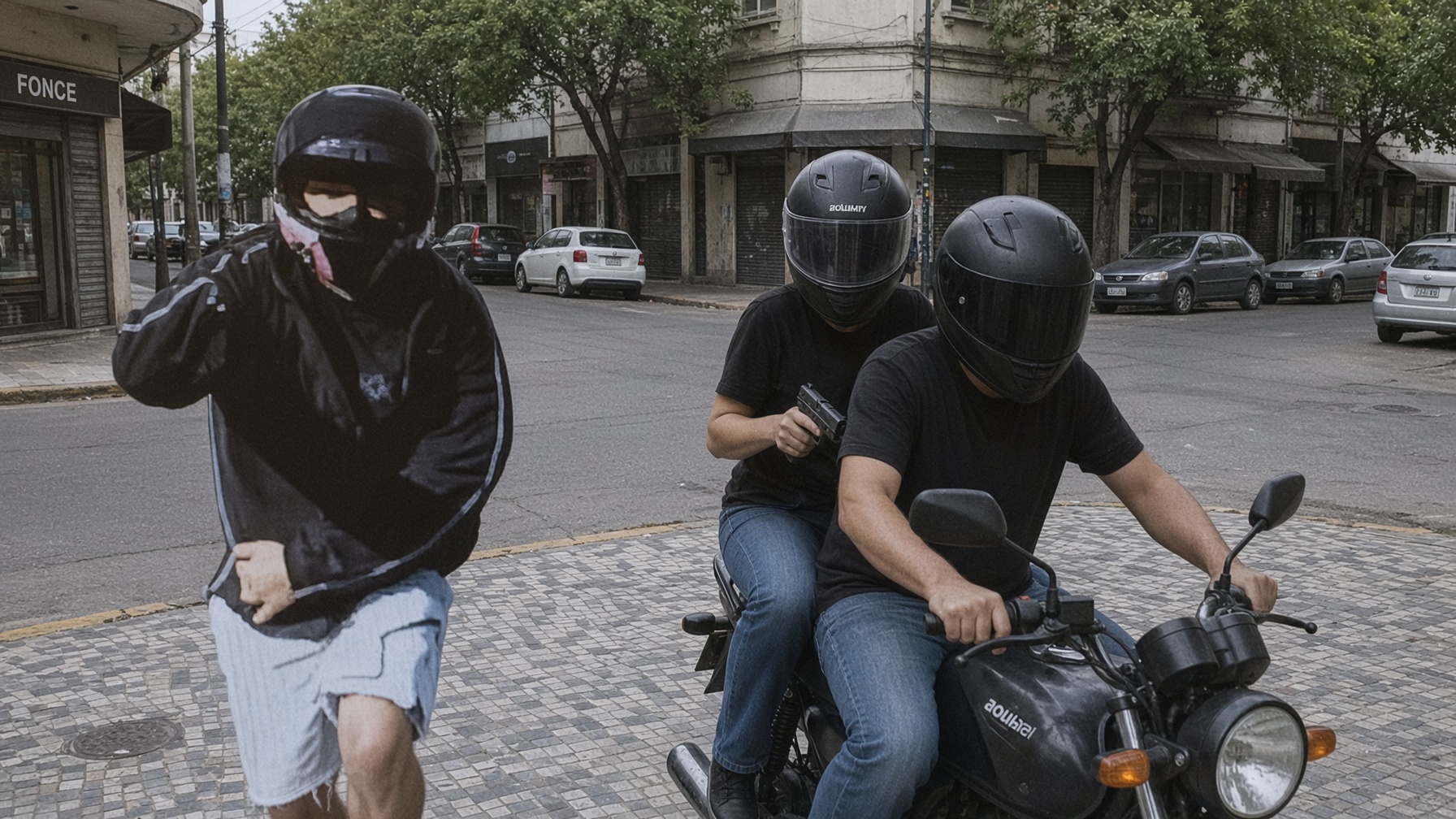 Dos motochorros con casco y un arma en una calle de La Plata