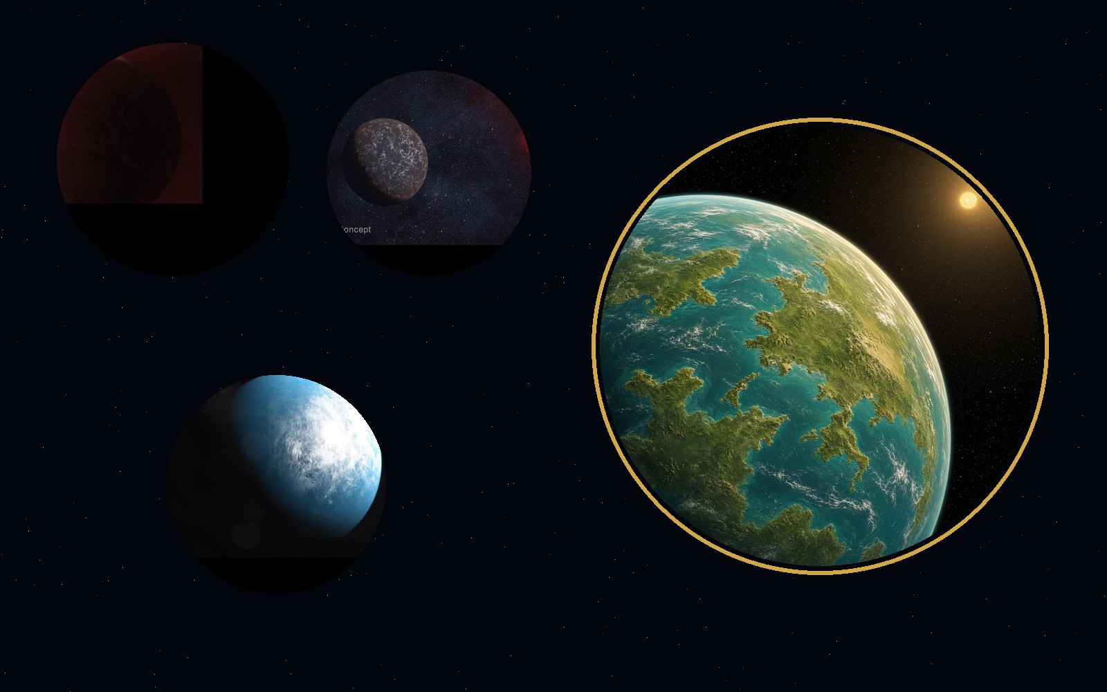 Tres exoplanetas a la izquierda y, a la derecha con un aro dorado, el planeta perfecto de dos soles