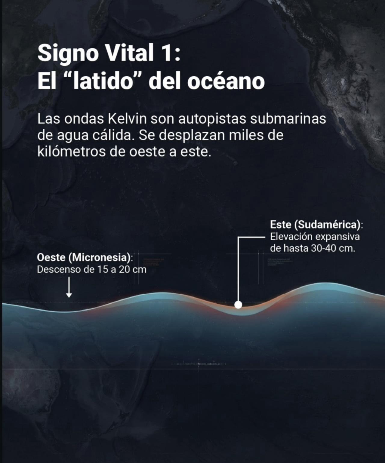 Las ondas Kelvin. En Micronesia el mar baja de 15 a 20 centímetros. Frente a Sudamérica sube hasta 40.