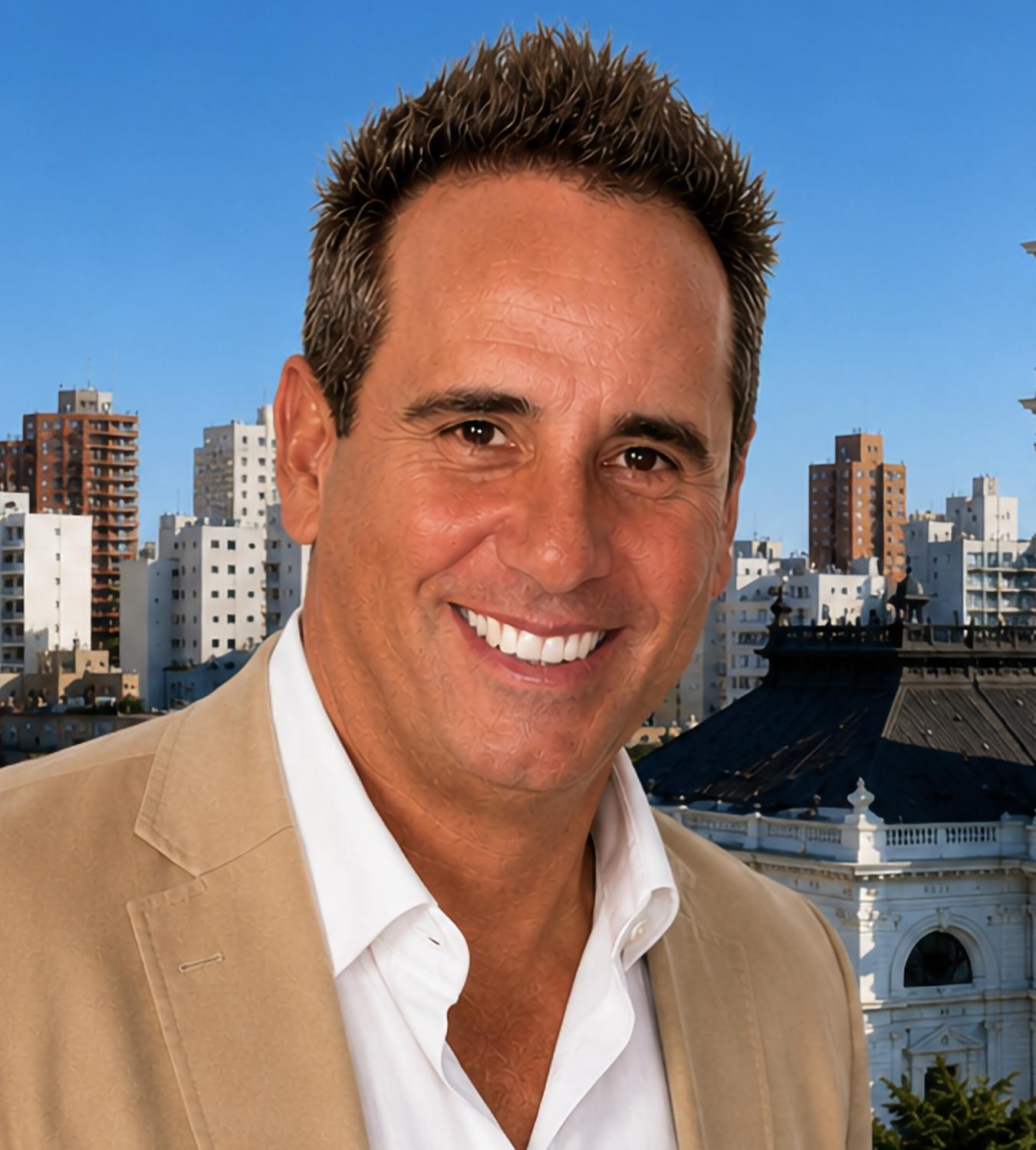 Mauro Palummo, de saco claro, con el Palacio Municipal de La Plata de fondo