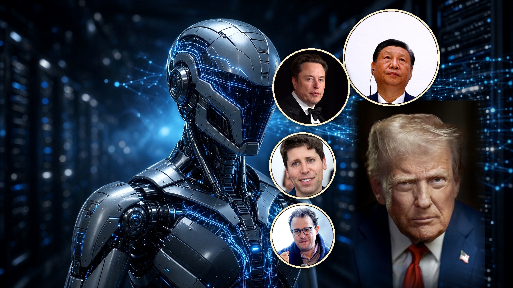 Donald Trump de frente a la derecha, el robot de IA a la izquierda; alrededor de su cabeza, Xi Jinping, Elon Musk, Sam Altman y Dario Amodei en círculos